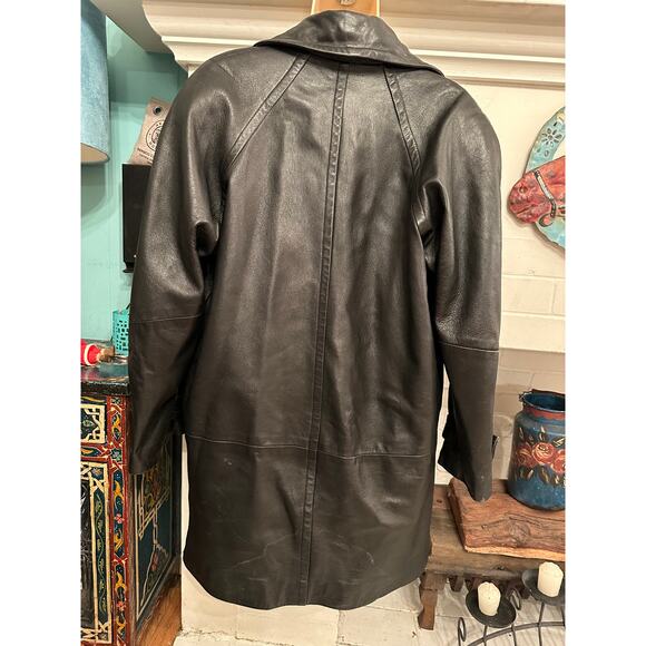 VINTAGE 80's VAKKO BLACK LEATHER DOUBLE BREASTED PEACOAT JACKET - Picture 3 of 9